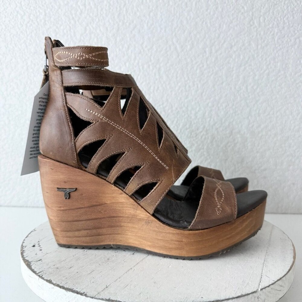 NEW Lane Boots BECCA Womens Brown Wedges 9 Western Sandals Cowgirl Wooden Heels - Picture 3 of 12